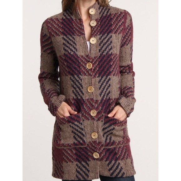 Free People Sweaters - Free People Cottagecore Grandma Brown and Burgandy Plaid Wool Long Cardigan